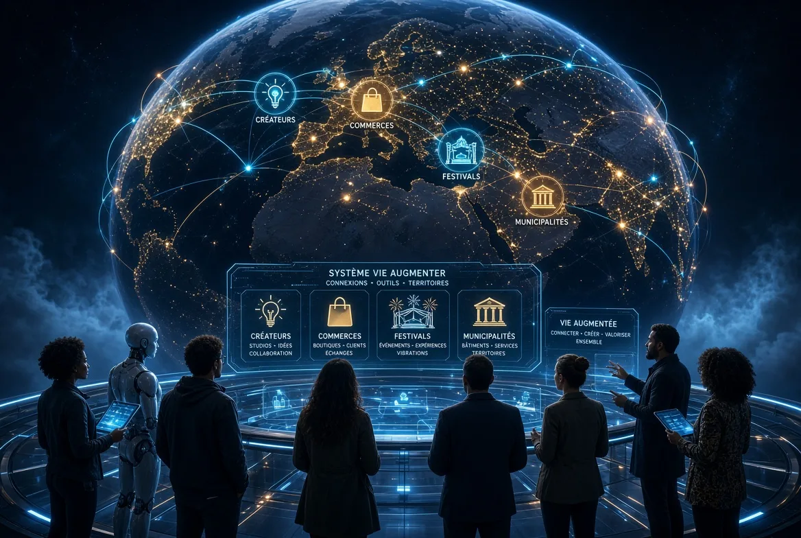 Globe connecté reliant créateurs, commerces, festivals et municipalités
