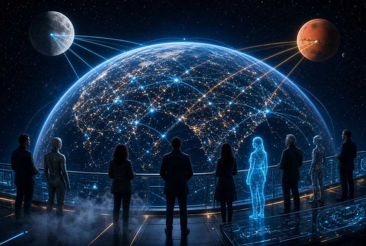 Vision future de la Terre, de la Lune et de Mars reliées par des présences numériques